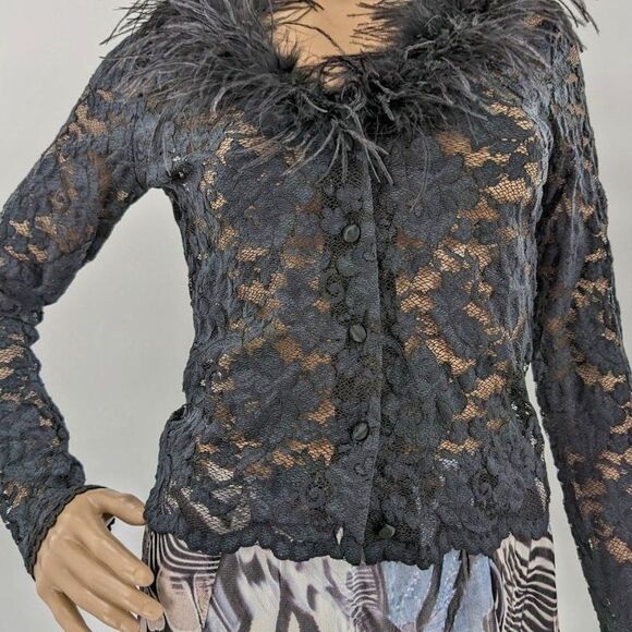 Vintage 90s y2k Lace Top Feather Collar Whimsigoth Black Stretch Clueless M - Picture 10 of 11